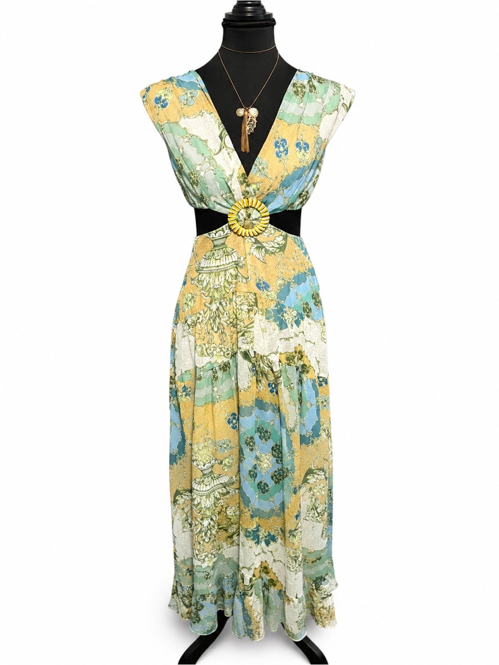 Sunrise Floral V-Neck Maxi Dress in Yellow and Mint